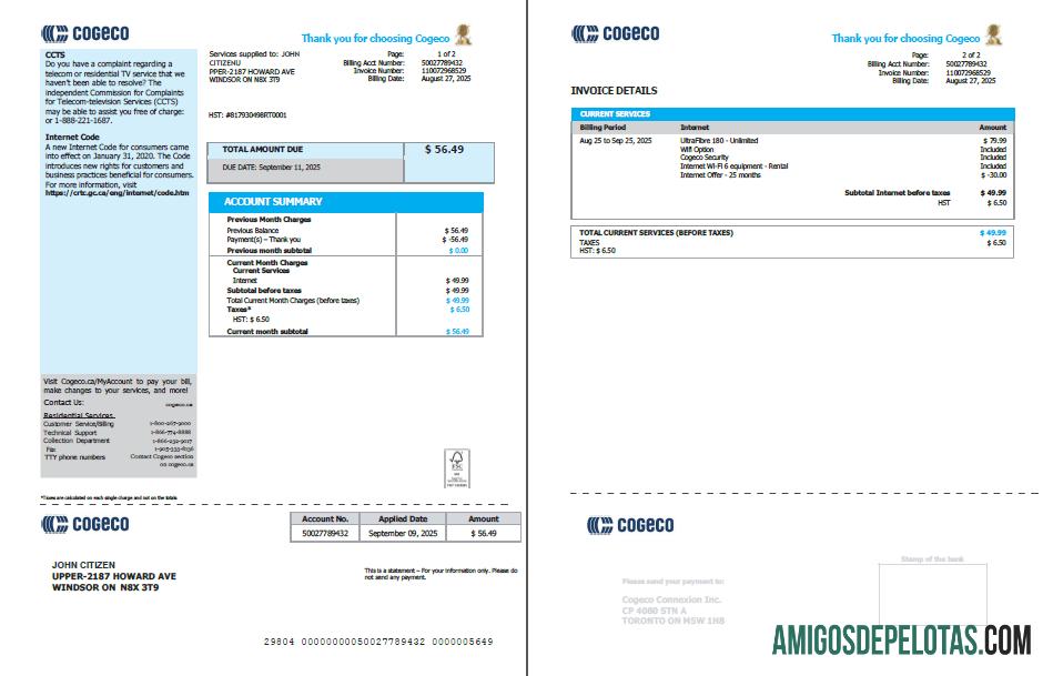 Para baixar modelo de conta de serviços públicos Cogeco do Canadá em formatos Word e PDF, 2 páginas
